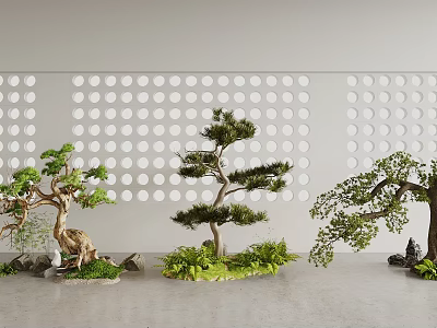Stylish Bonsai Garden Ornaments With Green Plants Small Stones And Dot Patterned Wall 3d model