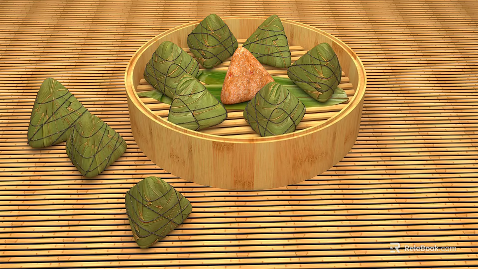 Traditional Chinese Delicious Zongzi Wrapped in Bamboo Leaves in Bamboo Steamer with Sliced Filling 3d model 