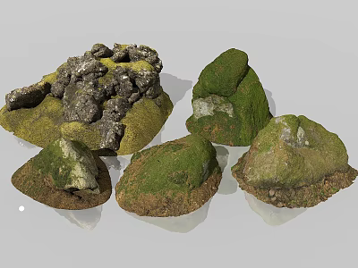 Natural Moss Covered Stones With Irregular Shapes And Green Textured Surfaces 3d model