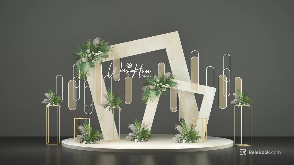 Elegant Wedding Decor Setup With Geometric Frames Greenery And Gold Stands 3d model