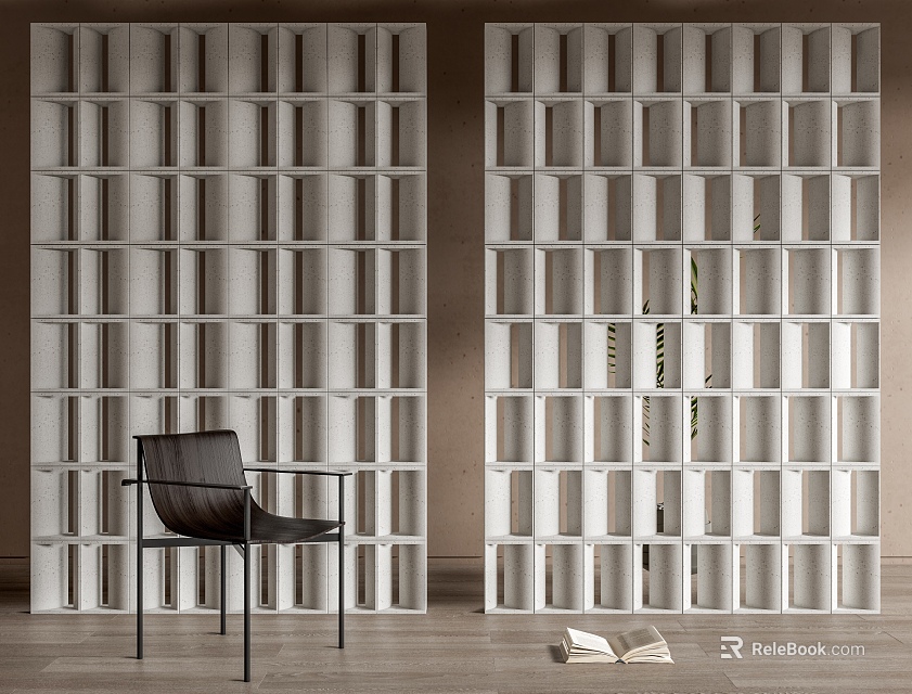 White Square Grid Room Divider Design In Modern Interior With Chair And Open Book 3d model 