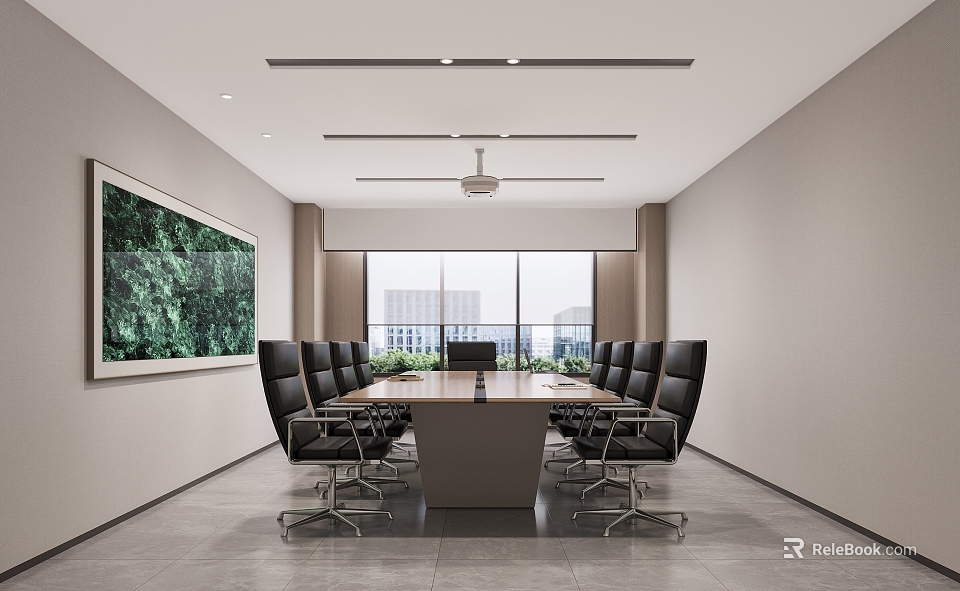 Modern Conference Room Interior With Long Table Black Chairs Large Windows And Green Painting 3d model 
