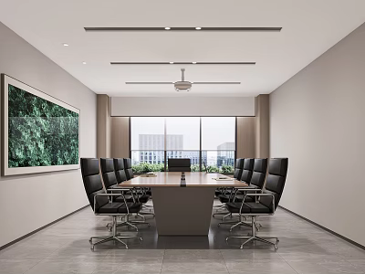 Modern Conference Room Interior With Long Table Black Chairs Large Windows And Green Painting 3d model