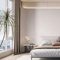 Modern Bedroom Interior With Circular Backlit Wall Decor Bedside Lamp And Potted Plant