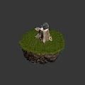 Tree Stump With Black Stone And White Bowl On Green Grass With Soil