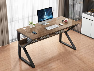 Office Desk With Computer Monitor Keyboard Mouse Plant Headphones Cup Wooden Top Black Metal Frame 3d model