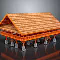 Traditional Wooden Stilt House With Thatched Roof And Elevated Base