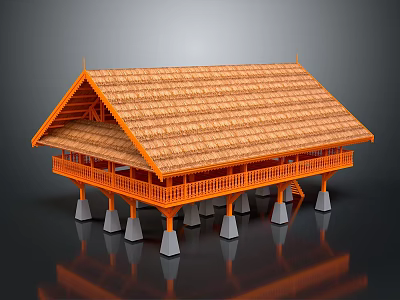 Traditional Wooden Stilt House With Thatched Roof And Elevated Base 3d model