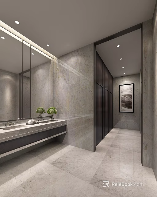Modern Public Restroom Interior With Marble Walls Washbasin Mirrors And Private Stalls 3d model 