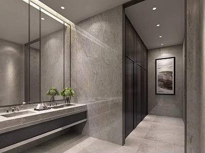 Modern Public Restroom Interior With Marble Walls Washbasin Mirrors And Private Stalls 3d model