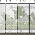 Modern Glass Partition Design With Various Patterns And Green Plants Background 3d model
