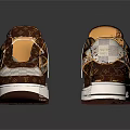 Brown And White Checkerboard Pattern Sneakers With White Laces Yellow Tongue And Side Design