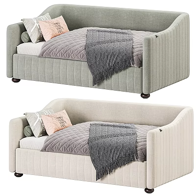 Light Gray and Beige Upholstered Kids Bed with Tufted Stitches Pillows and Soft Blanket 3d model