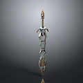 Ornate Decorative Sword With Metallic Silver And Gold Accents And Intricate Carved Patterns
