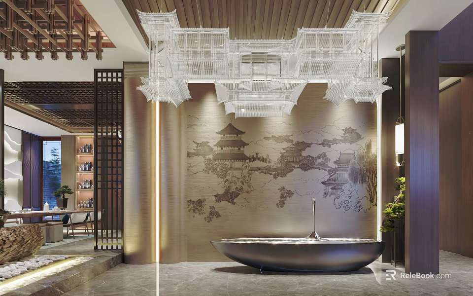 Modern Chinese Shop Front Desk With Traditional Screen Ink Painting Wall And Crystal Chandelier 3d model 