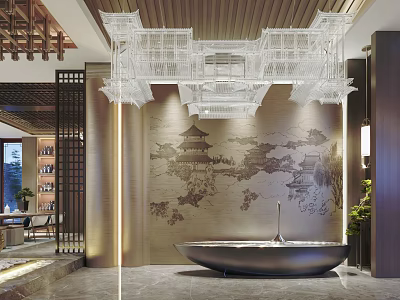 Modern Chinese Shop Front Desk With Traditional Screen Ink Painting Wall And Crystal Chandelier 3d model