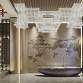 Modern Chinese Shop Front Desk With Traditional Screen Ink Painting Wall And Crystal Chandelier