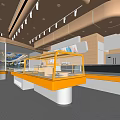 Modern Dessert Shop Interior With Glass Display Cases Yellow Counters And Bright Lighting