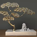 Ornamental Decor Set of Golden Metal Pine Trees with Marble Base and Stone Decoration