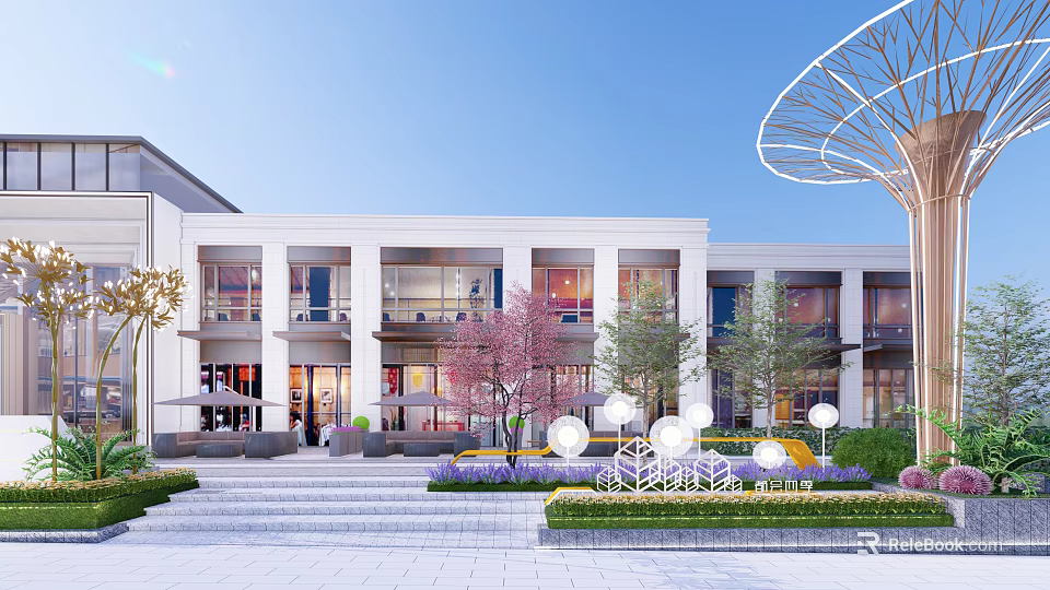 Modern Commercial Building Landscape With White Exterior Windows Steps Garden Trees And Lighting Balls 3d model 