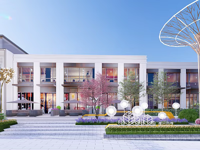 Modern Commercial Building Landscape With White Exterior Windows Steps Garden Trees And Lighting Balls 3d model