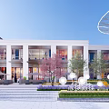 Modern Commercial Building Landscape With White Exterior Windows Steps Garden Trees And Lighting Balls