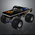 Black Monster Truck With Flame Graphics Large Off Road Tires And Roof Mounted Lights