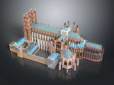Cartoon Style Gothic Architecture Scene with Tall Spires Blue Rooftops and Intricate Details 3d model