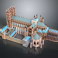 Cartoon Style Gothic Architecture Scene with Tall Spires Blue Rooftops and Intricate Details
