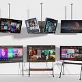 Modern Televisions In Various Hanging And Stand Styles Displaying Streaming Content And App Interfaces 3d model