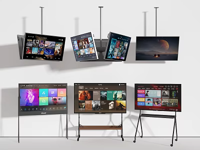 Modern Televisions In Various Hanging And Stand Styles Displaying Streaming Content And App Interfaces 3d model