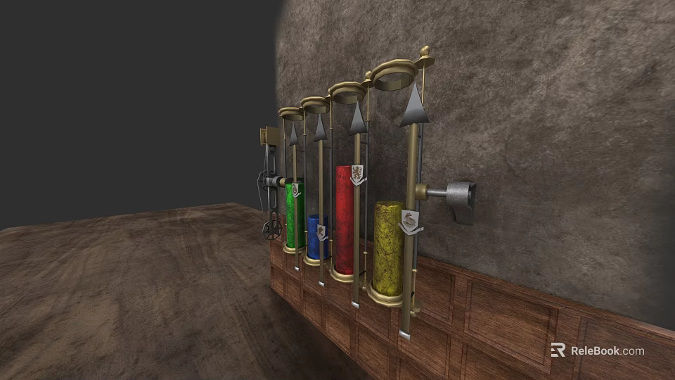 Vintage Interior With Glass Containers Holding Colored Liquids And Wooden Cabinets 3d model 