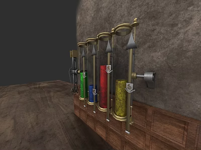 Vintage Interior With Glass Containers Holding Colored Liquids And Wooden Cabinets 3d model