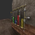Vintage Interior With Glass Containers Holding Colored Liquids And Wooden Cabinets