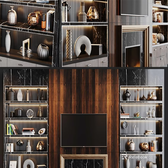 Elegant Modern Background Wall With Wooden Panels TV Display Shelves And Decorations 3d model 