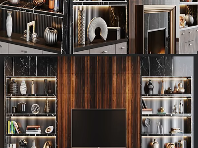 Elegant Modern Background Wall With Wooden Panels TV Display Shelves And Decorations 3d model