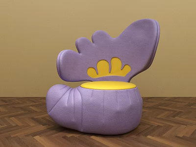 Unique Purple Single Chair With Petal Shaped Backrest Yellow Seat And Wooden Floor 3d model