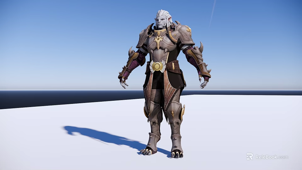 Silver Haired Man in Armor with Gold Accents Standing on White Ground Against Blue Sky 3d model 