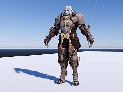 Silver Haired Man in Armor with Gold Accents Standing on White Ground Against Blue Sky 3d model