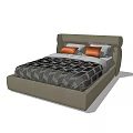 Modern Double Bed with Grey Headboard Geometric Pattern Quilt and Orange Grey Pillows 3d model