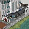 Chinese Style Courtyard Garden with Tile Roof Pergola Stone Railings and Lush Plants