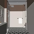 Modern Bathroom Interior Design With Glass Shower Geometric Patterned Floor Round Mirror And Tile Walls
