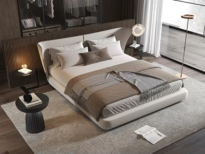 Modern Bedroom Interior With Comfortable Bed Pillows Blanket Rug And Floor Lamp 3d model
