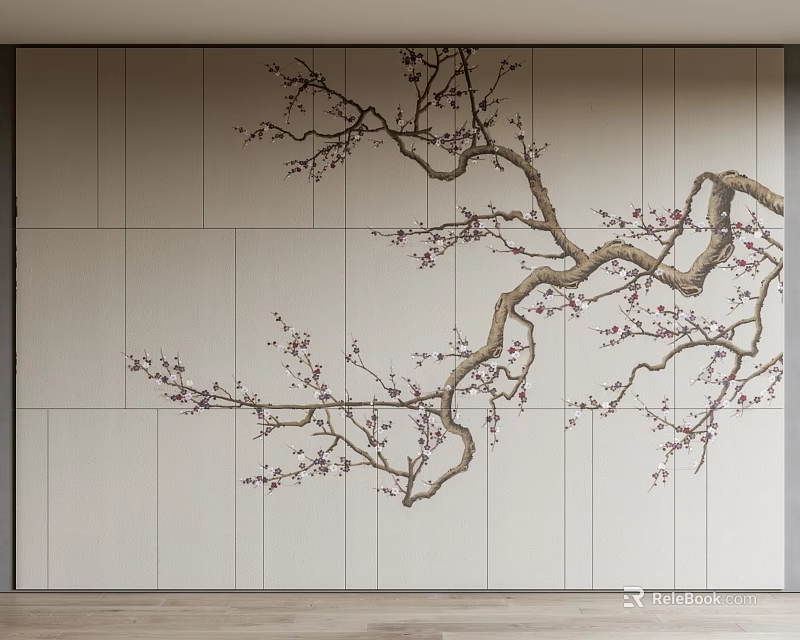 Light Color Wooden Panel Background Wall With Decorative Plum Blossom Branch Design 3d model 