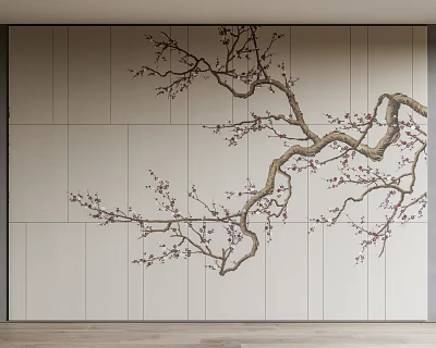 Light Color Wooden Panel Background Wall With Decorative Plum Blossom Branch Design 3d model