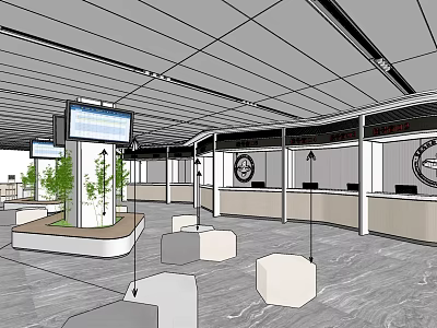 Modern Indoor Space Design With Grid Ceiling Digital Screens Plants Hexagonal Seats And Counter 3d model