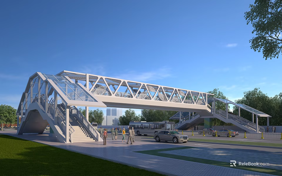 Modern Steel Structure Pedestrian Bridge with Vehicles Below Green Surroundings and Blue Sky 3d model 