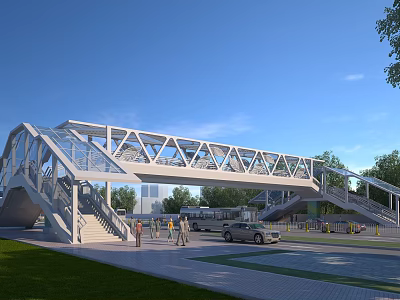 Modern Steel Structure Pedestrian Bridge with Vehicles Below Green Surroundings and Blue Sky 3d model