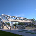 Modern Steel Structure Pedestrian Bridge with Vehicles Below Green Surroundings and Blue Sky