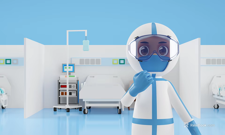 Cartoon Character In Protective Suit Standing In Hospital Room With Medical Bed And Equipment 3d model 